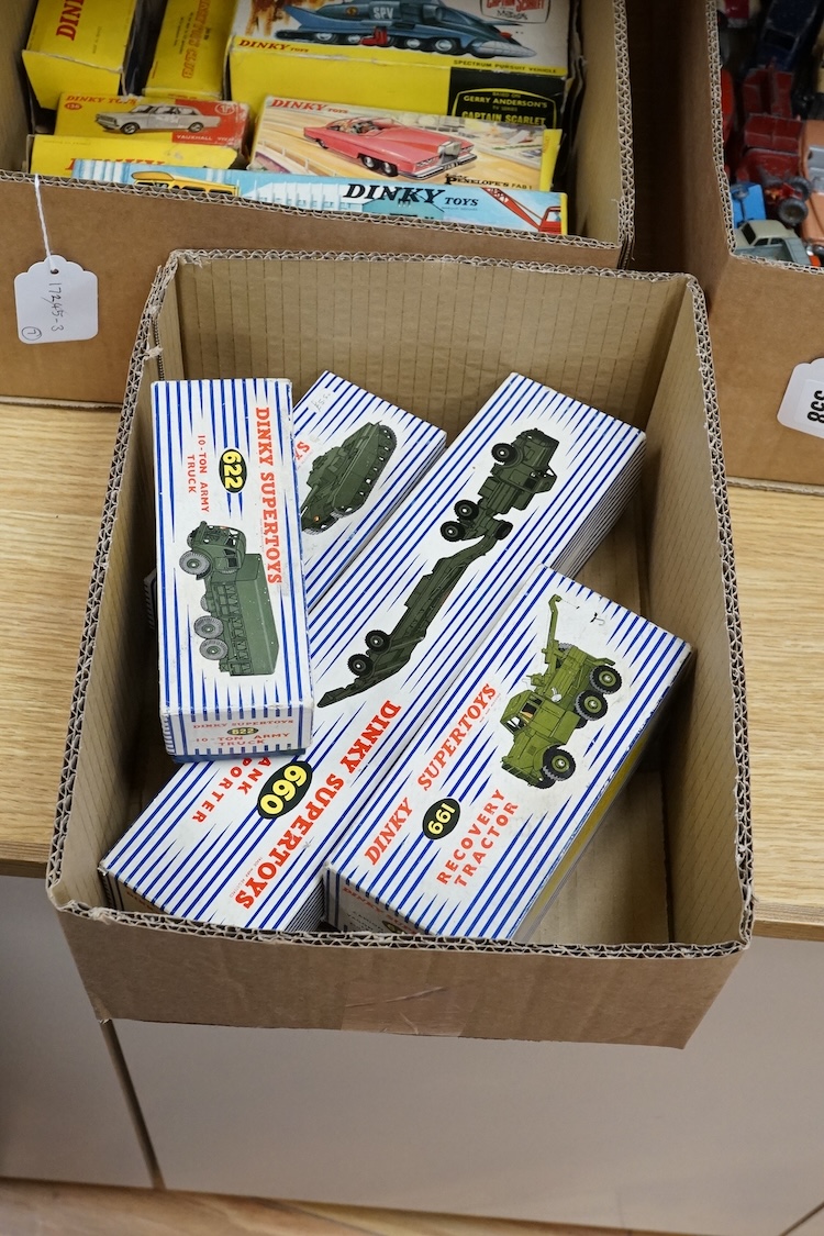 Four boxed Dinky Toys military vehicles; Mighty Antar tank transporter (660), Centurion tank (651), Recovery Tractor (661), and 10-ton Army Truck (622). Condition - fair to good, vehicles generally very good, minor wear